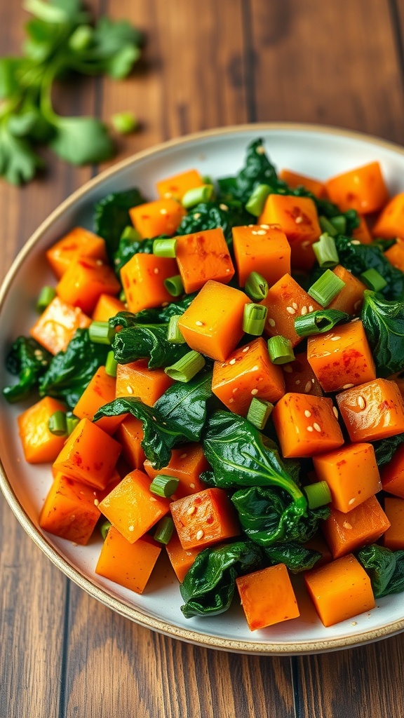 A colorful garlic sesame sweet potato and kale stir-fry with sesame seeds and green onions on a rustic table.
